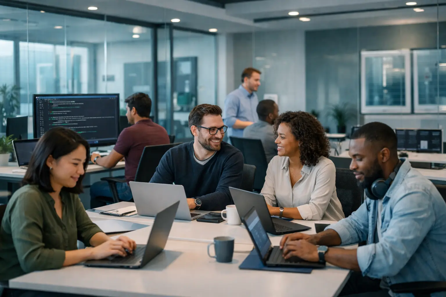 Team at Octakris IT Solutions collaborating in a modern office environment, discussing AI development, data analytics, and digital transformation strategies with laptops and advanced digital screens.