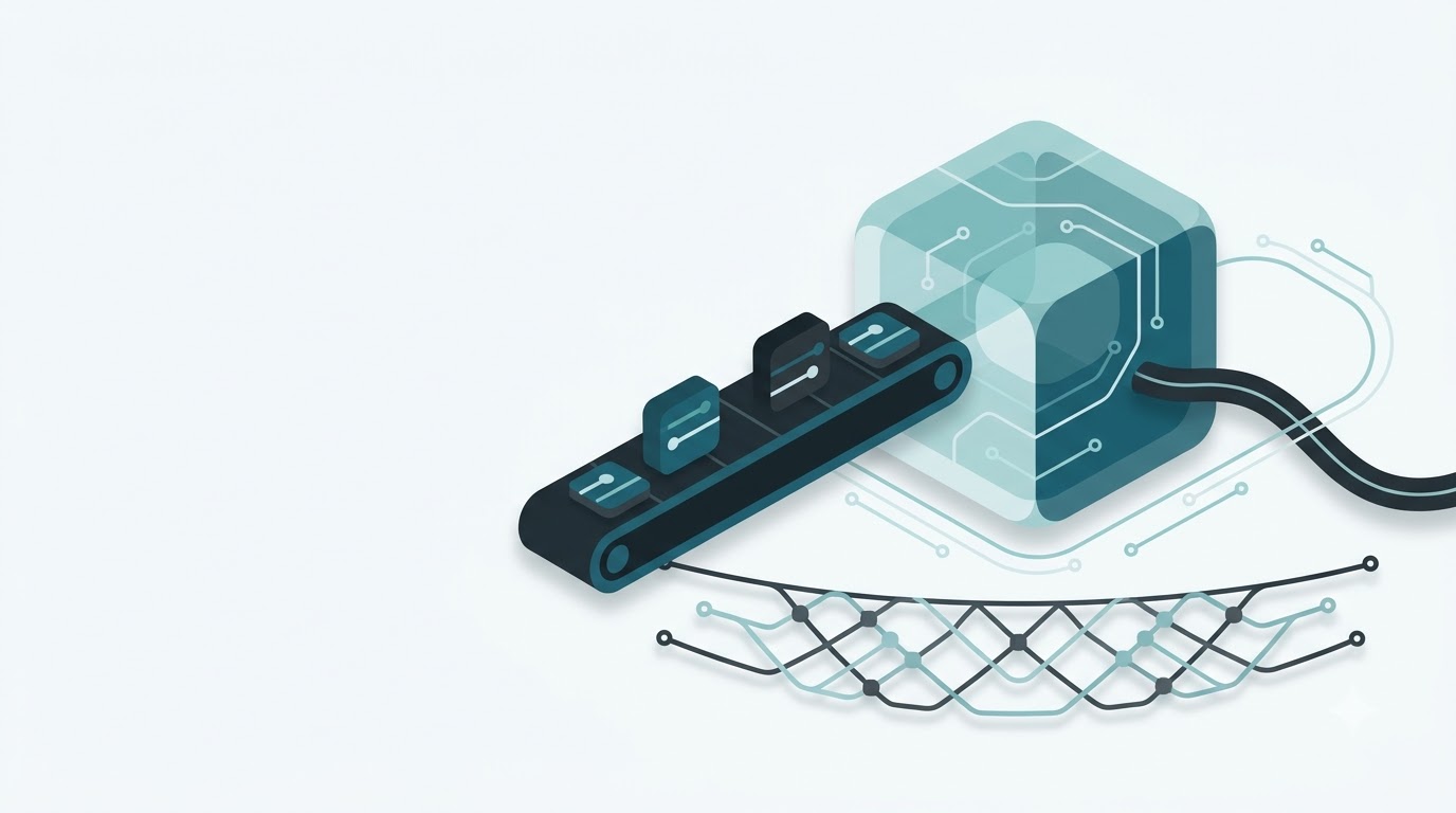 Data blocks passing through a glowing cube with a safety net below, representing a safe AI feature with a fallback.