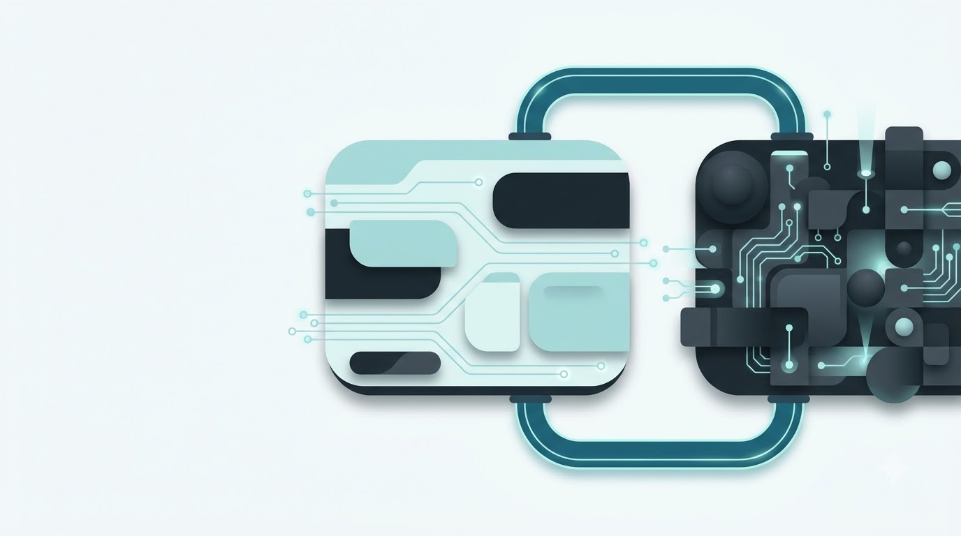 A flat page layout and a modular block structure joined by a pipe, representing WordPress and Laravel working together.