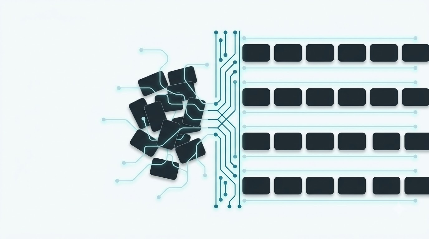 Loose cards passing through a gate and coming out sorted into tidy lanes, representing an automated workflow.